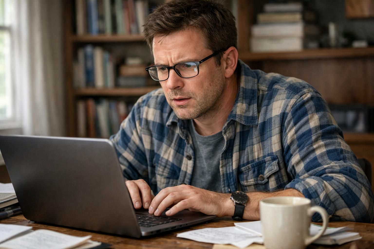A man in a home office appears contemplative while using his laptop.