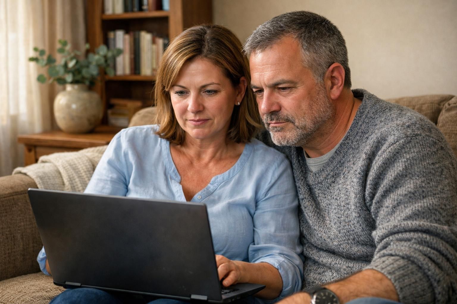 A couple examines property listings together on a laptop.