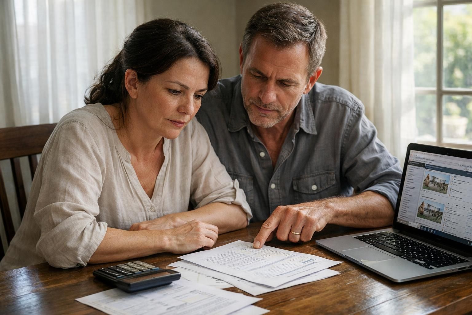 A couple discusses financial documents at their dining table.
