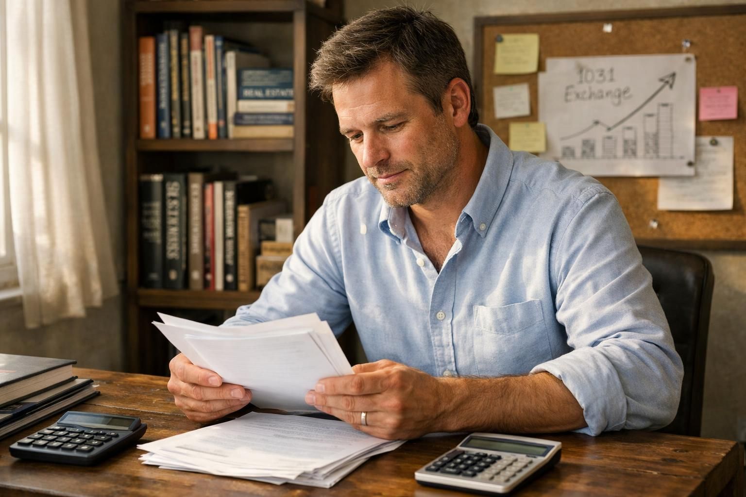 A focused man reviews paperwork in a cozy home office.