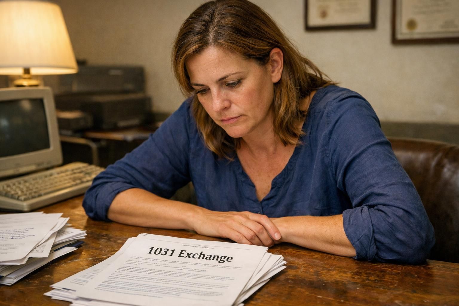 A woman reviews official documents at a cluttered wooden desk.