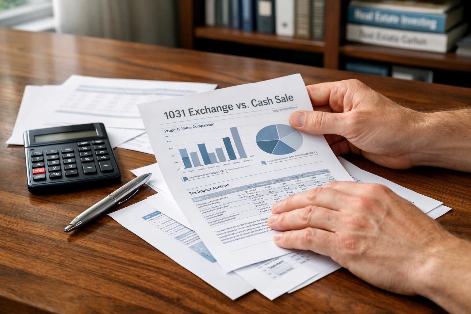 An individual analyzes financial documents on a polished walnut desk.