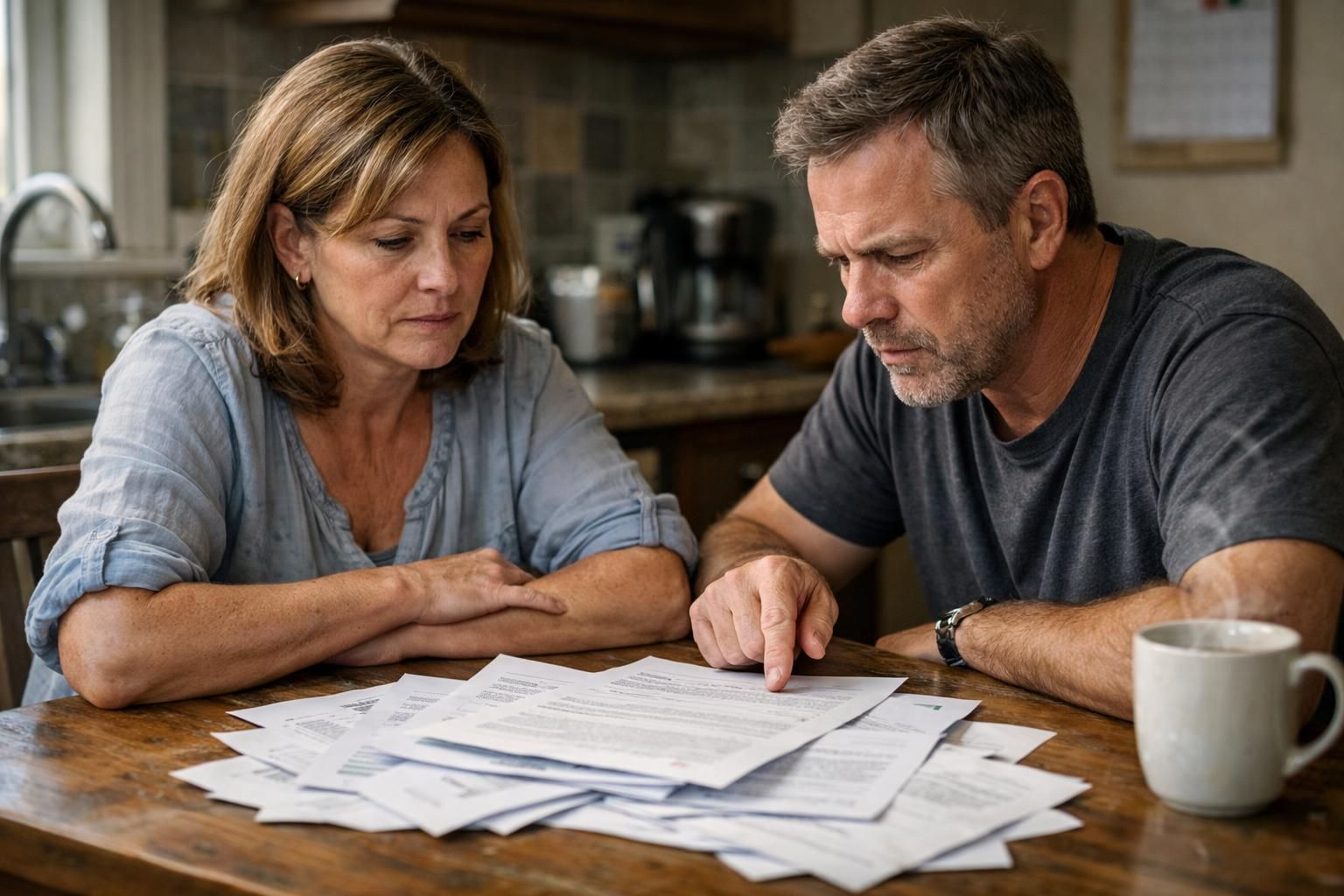 A concerned couple discusses paperwork at their kitchen table. A concerned couple discusses paperwork at their kitchen table.