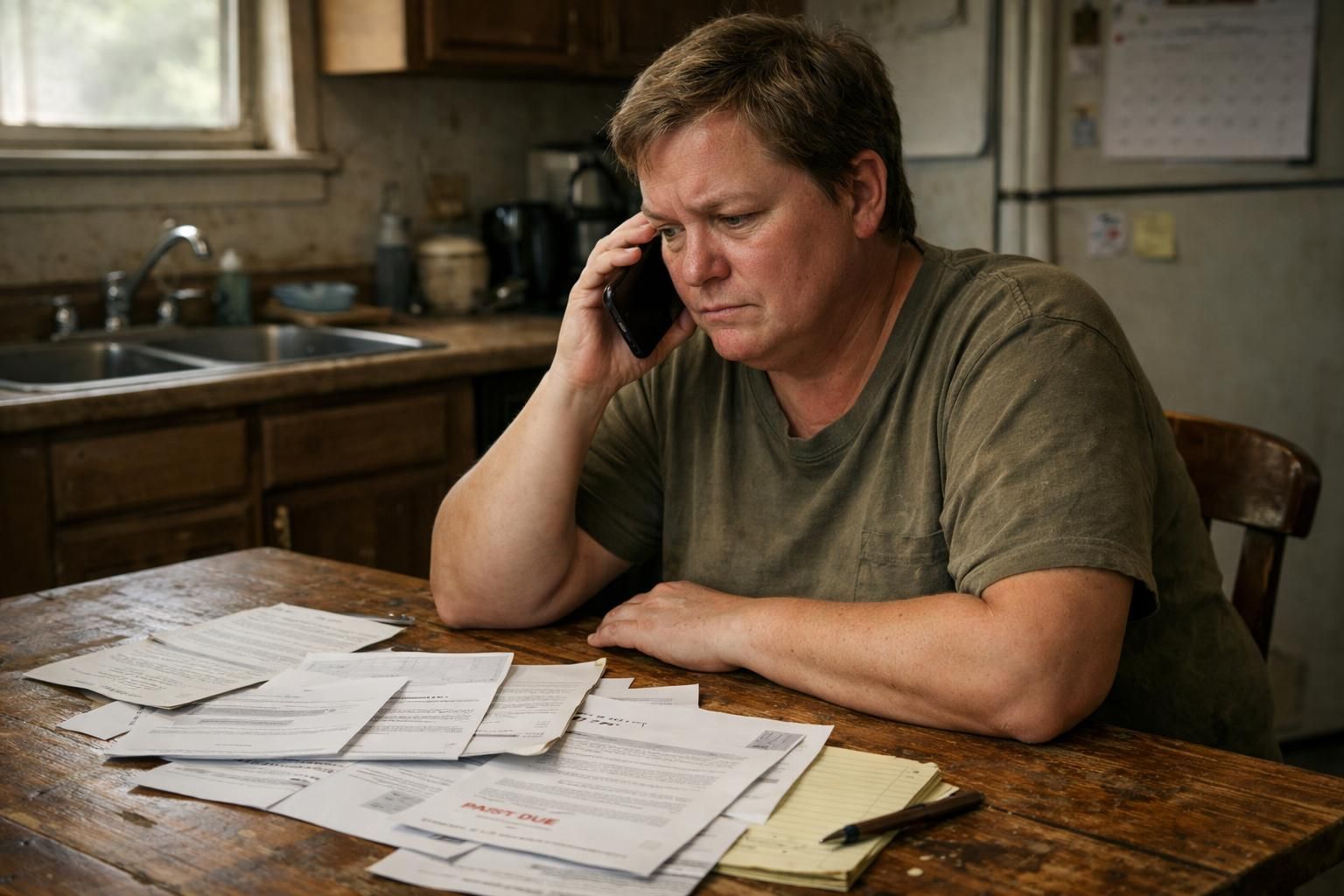 A stressed homeowner seeks housing advice at a cluttered kitchen table. A stressed homeowner seeks housing advice at a cluttered kitchen table.