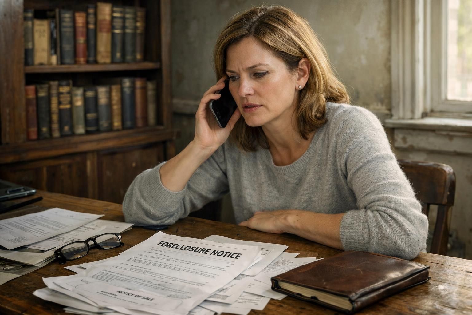 A woman navigates foreclosure complexities at a cluttered desk.