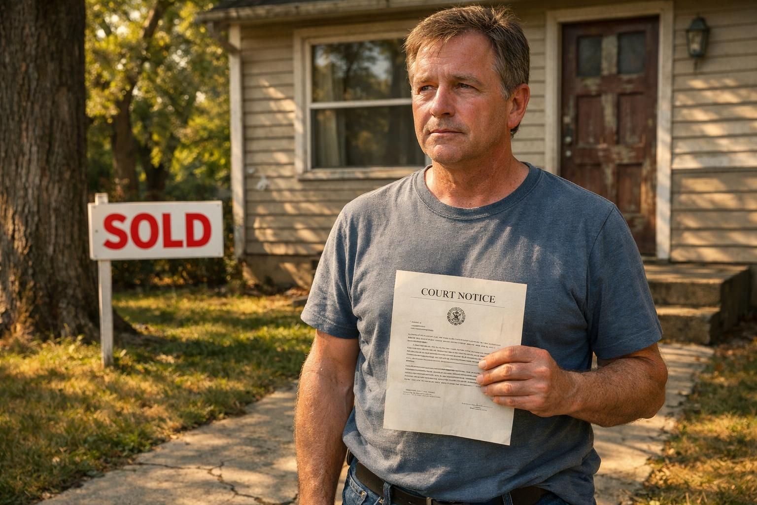 A middle-aged homeowner stands anxiously by a weathered suburban house. A middle-aged homeowner stands anxiously by a weathered suburban house.