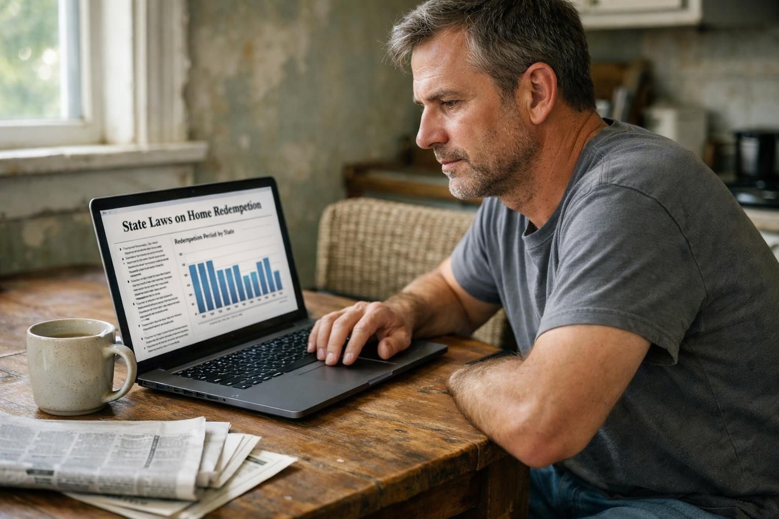 A focused man reviews home redemption laws at a kitchen table. A focused man reviews home redemption laws at a kitchen table.