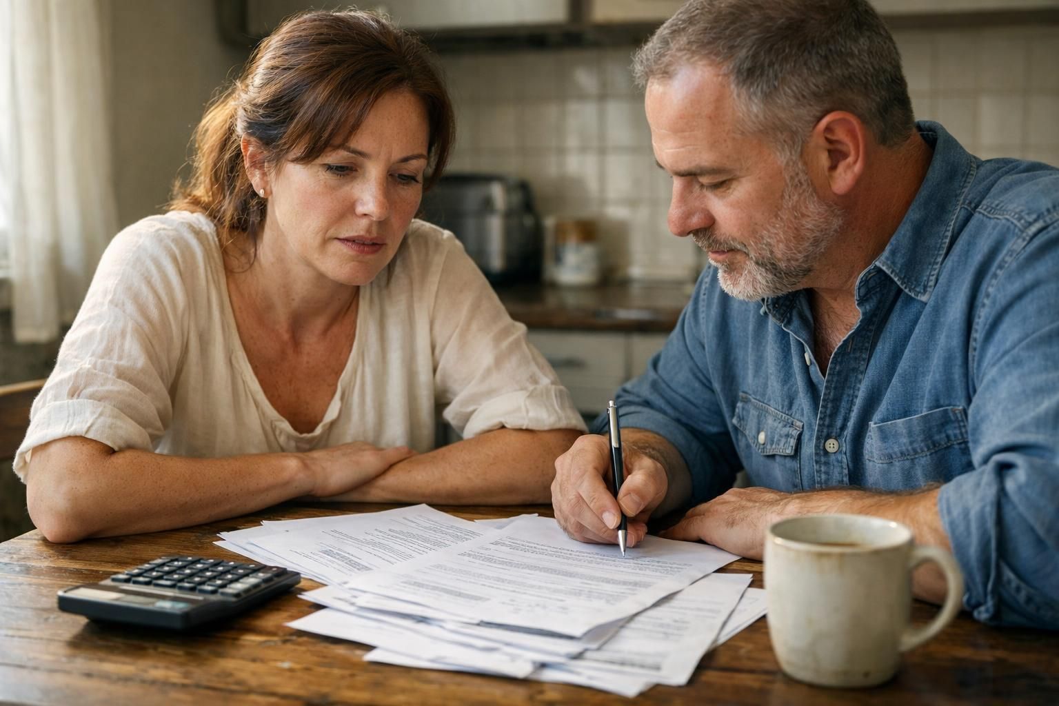 A couple discusses house buyout arrangements during a tense divorce conversation. A couple discusses house buyout arrangements during a tense divorce conversation.