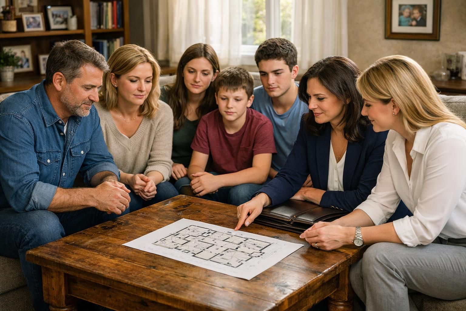 A family consults with a lawyer and real estate agent in their living room. A family consults with a lawyer and real estate agent in their living room.