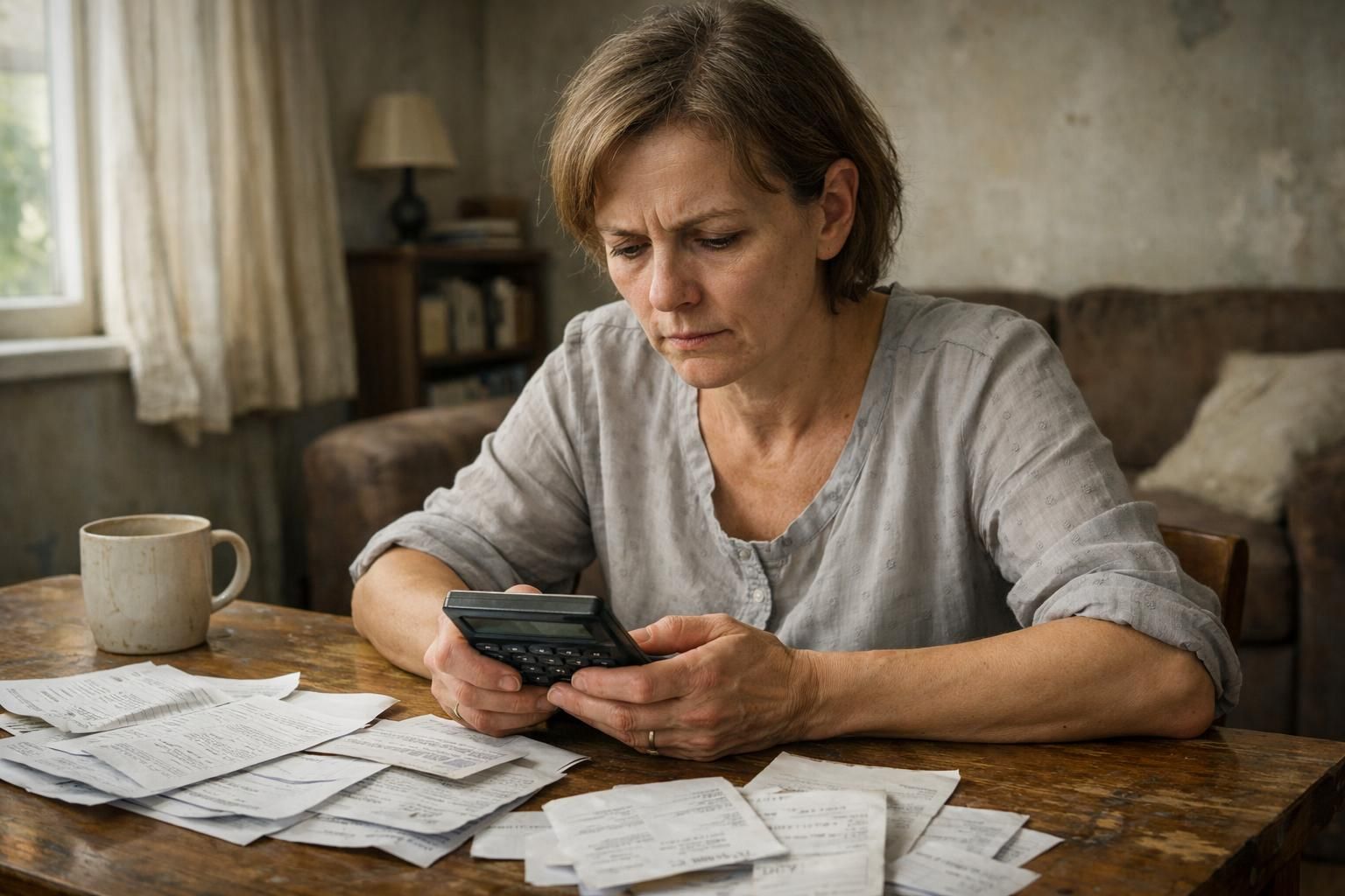 A middle-aged woman anxiously calculates bills at a cluttered table. A middle-aged woman anxiously calculates bills at a cluttered table.