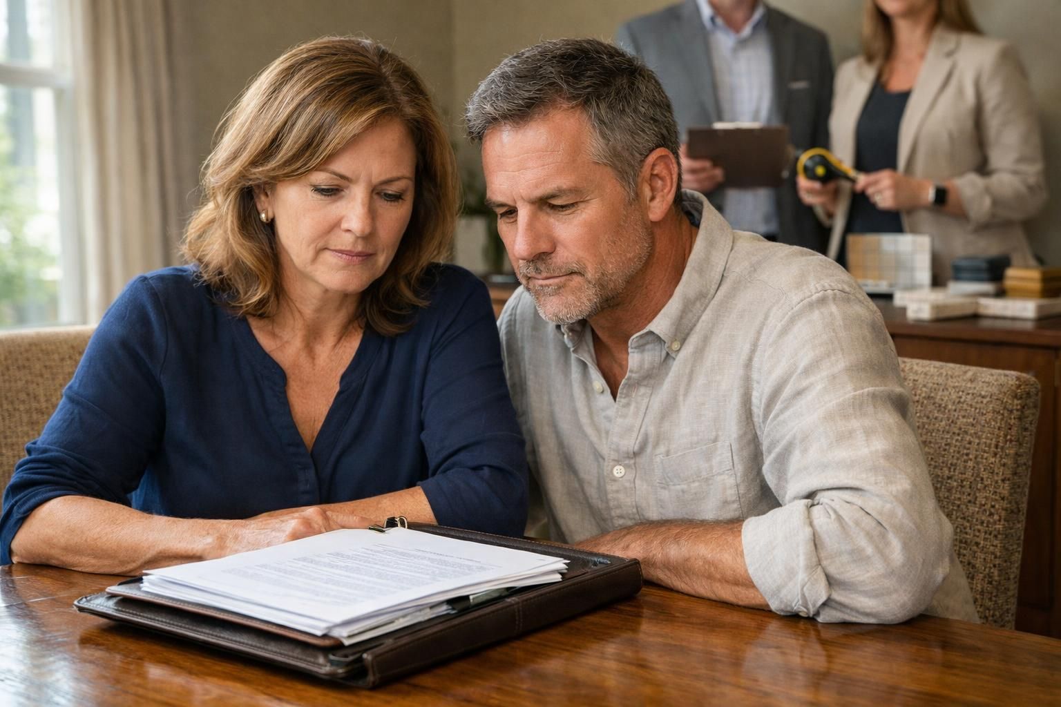 A couple reviews legal documents at a polished dining table. A couple reviews legal documents at a polished dining table.