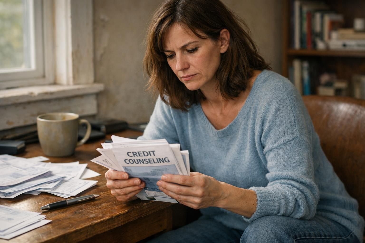 A stressed woman sits at a cluttered desk with paperwork. A stressed woman sits at a cluttered desk with paperwork.