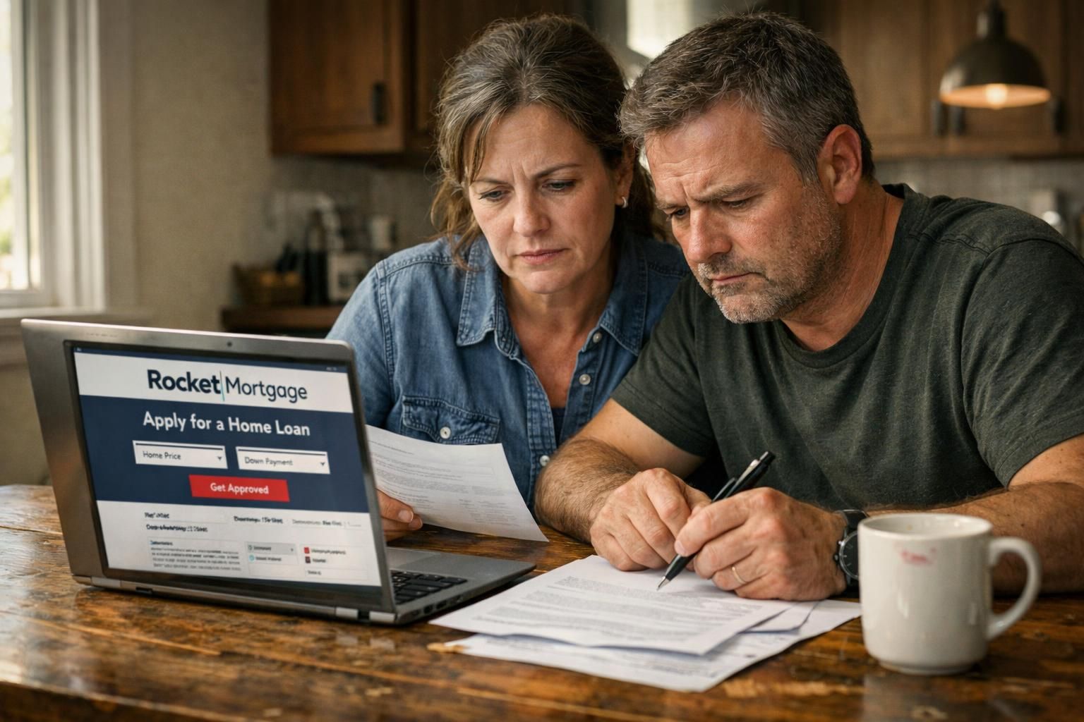A worried couple examines mortgage documents at their kitchen table. A worried couple examines mortgage documents at their kitchen table.