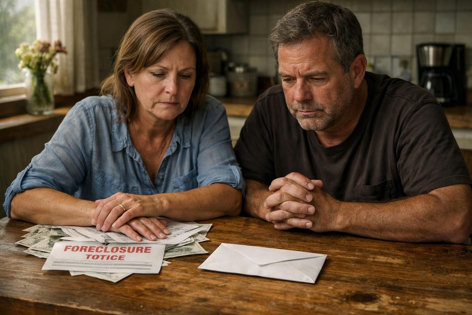 A concerned couple confronts financial struggles at their kitchen table. A concerned couple confronts financial struggles at their kitchen table.