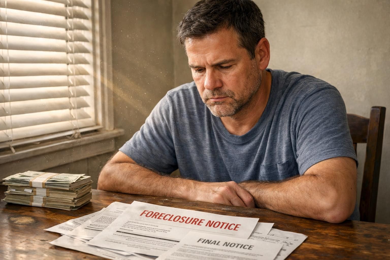 A worried homeowner examines bills and foreclosure notices at a dining table. A worried homeowner examines bills and foreclosure notices at a dining table.