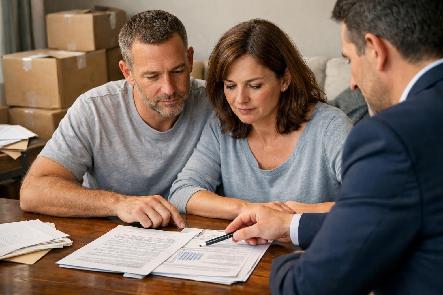 A couple consults a real estate agent while preparing for a move. A couple consults a real estate agent while preparing for a move.