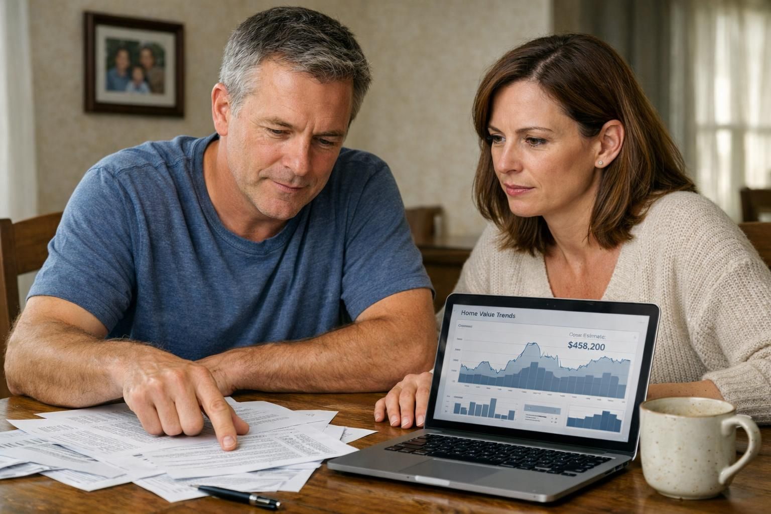 A couple discusses real estate documents at a dining table. A couple discusses real estate documents at a dining table.