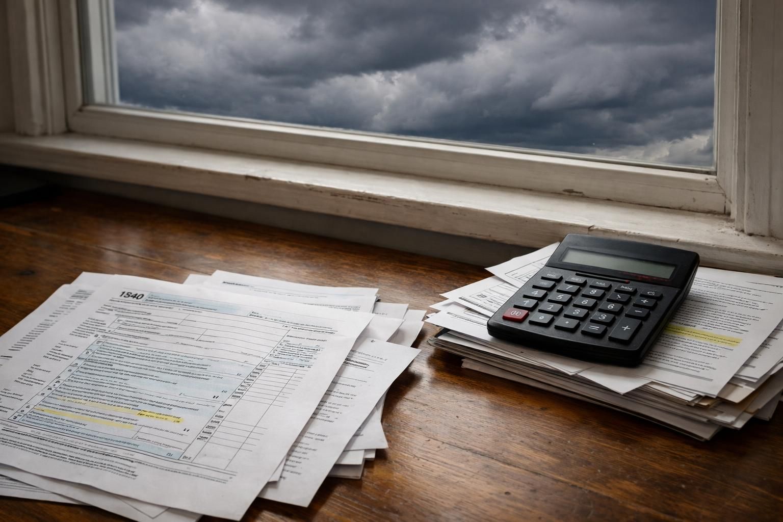 A cluttered wooden desk displays tax forms and a calculator. A cluttered wooden desk displays tax forms and a calculator.