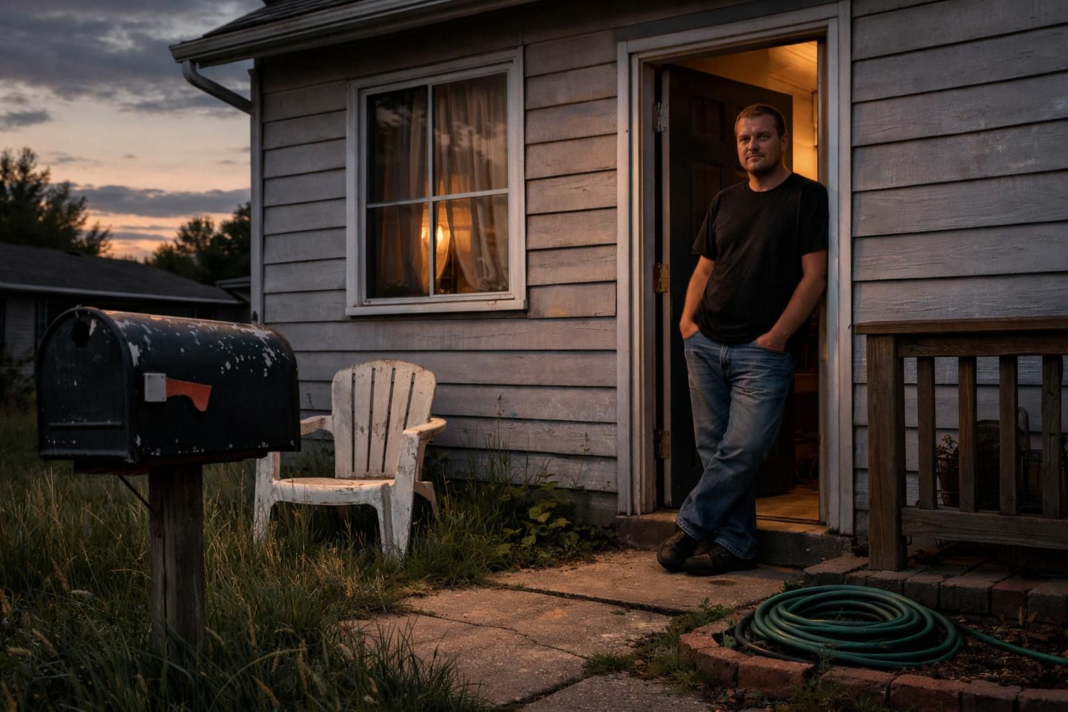 A relaxed figure stands by a modest, weathered suburban home. A relaxed figure stands by a modest, weathered suburban home.