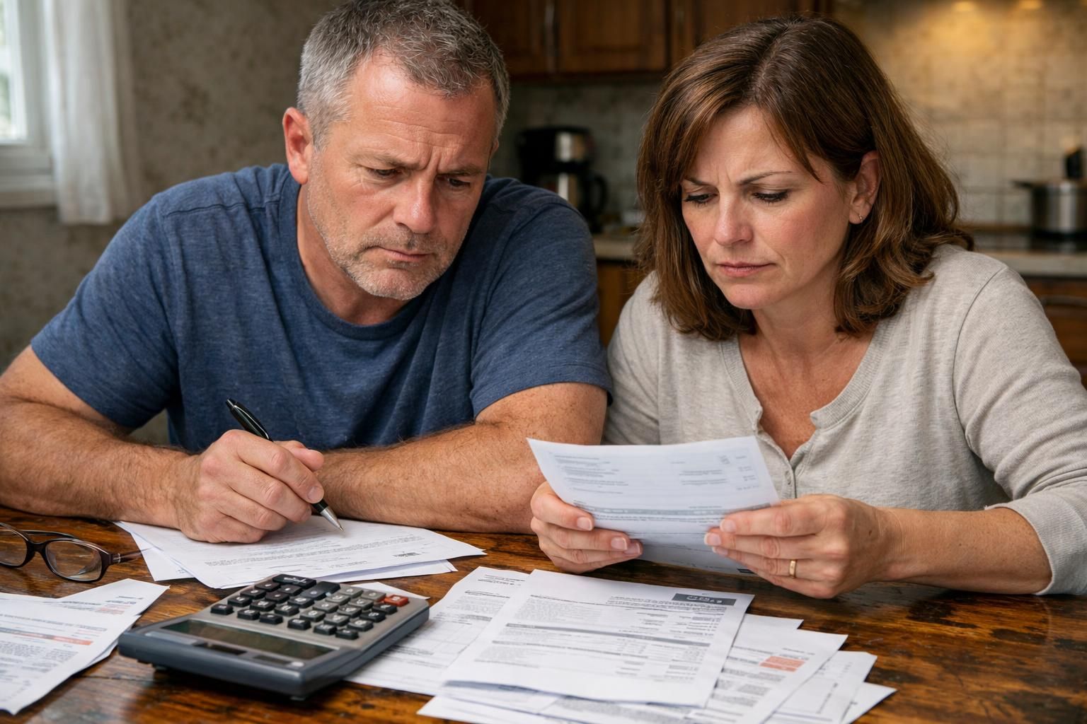 A couple discusses financial documents at a cluttered dining table. A couple discusses financial documents at a cluttered dining table.