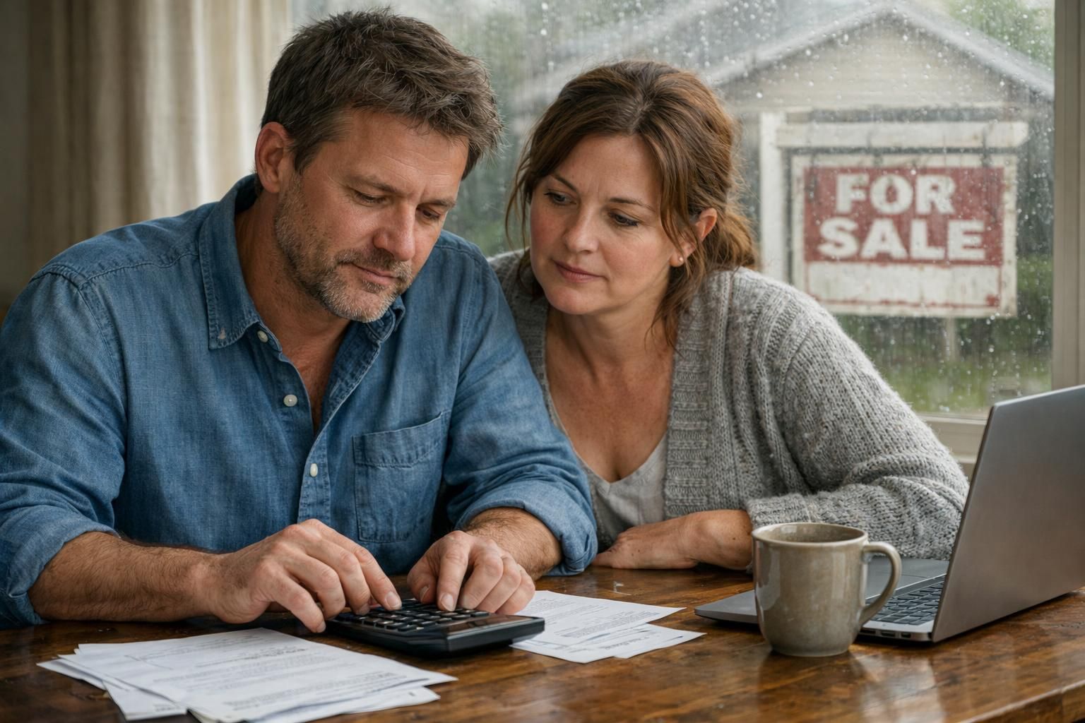 A man and woman collaborate at a dining table with paperwork.