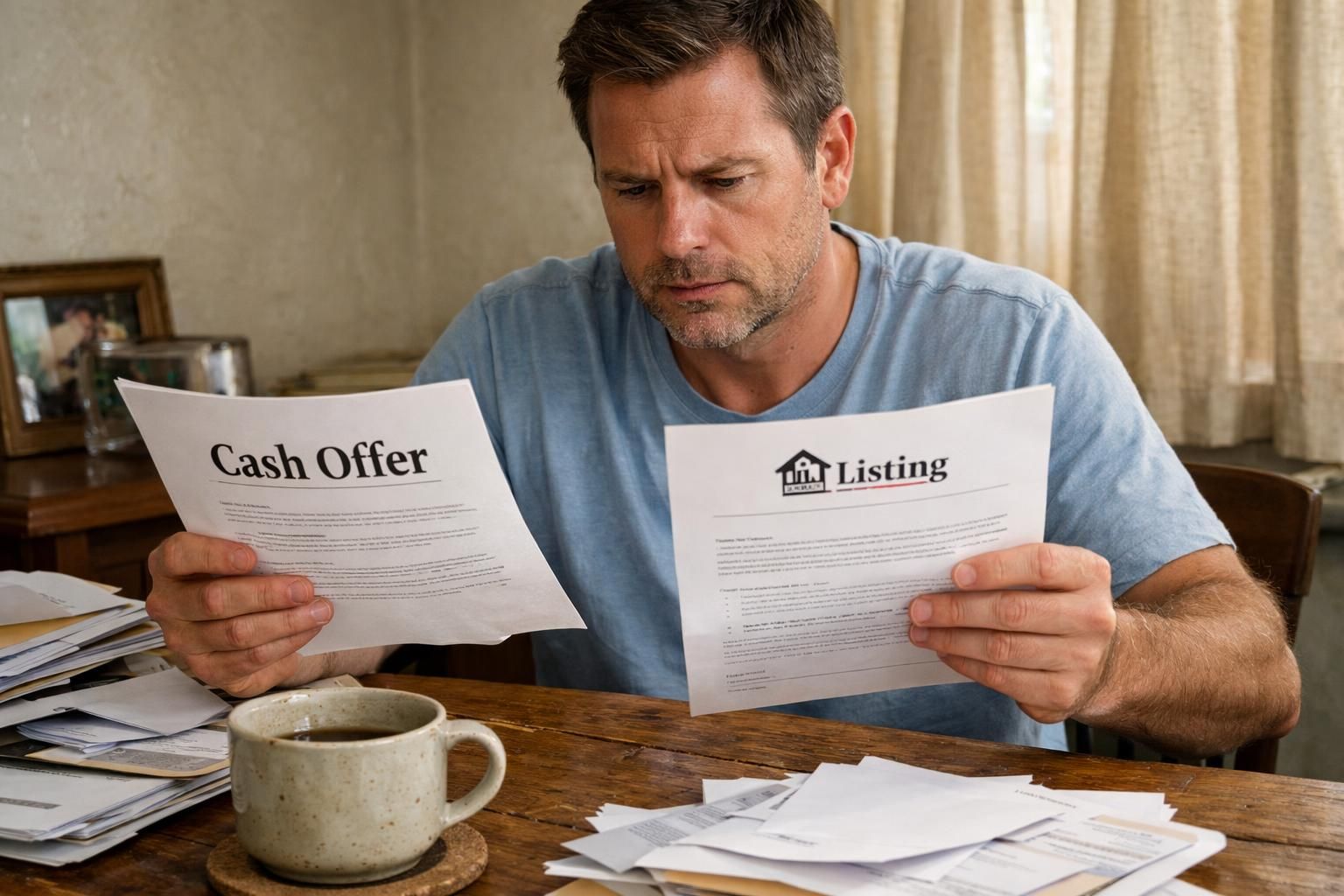 A homeowner contemplates two contrasting real estate contracts at a cluttered table.