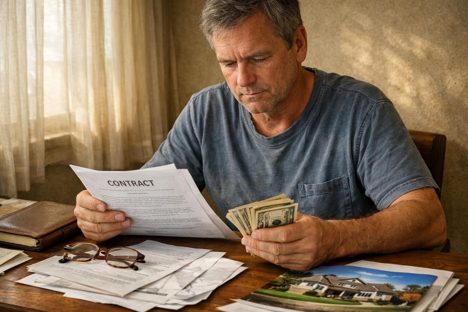 A focused homeowner reviews contracts at a cluttered wooden desk.