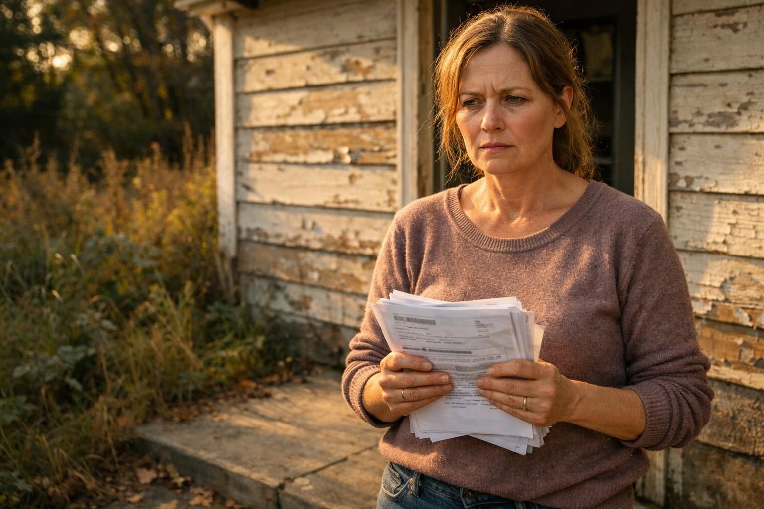 A woman holds overdue bills outside her neglected home.