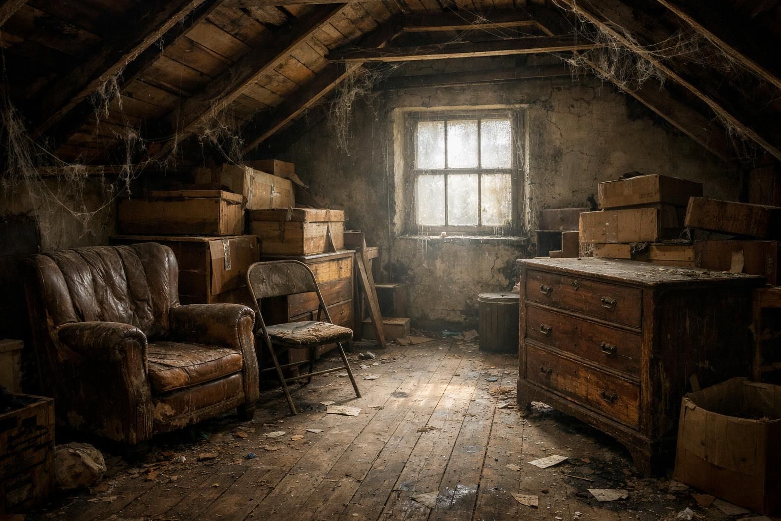 An abandoned attic filled with dusty furniture and clutter.