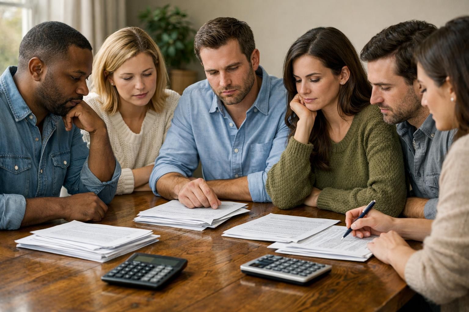 A group of six adults discusses real estate documents around a table.