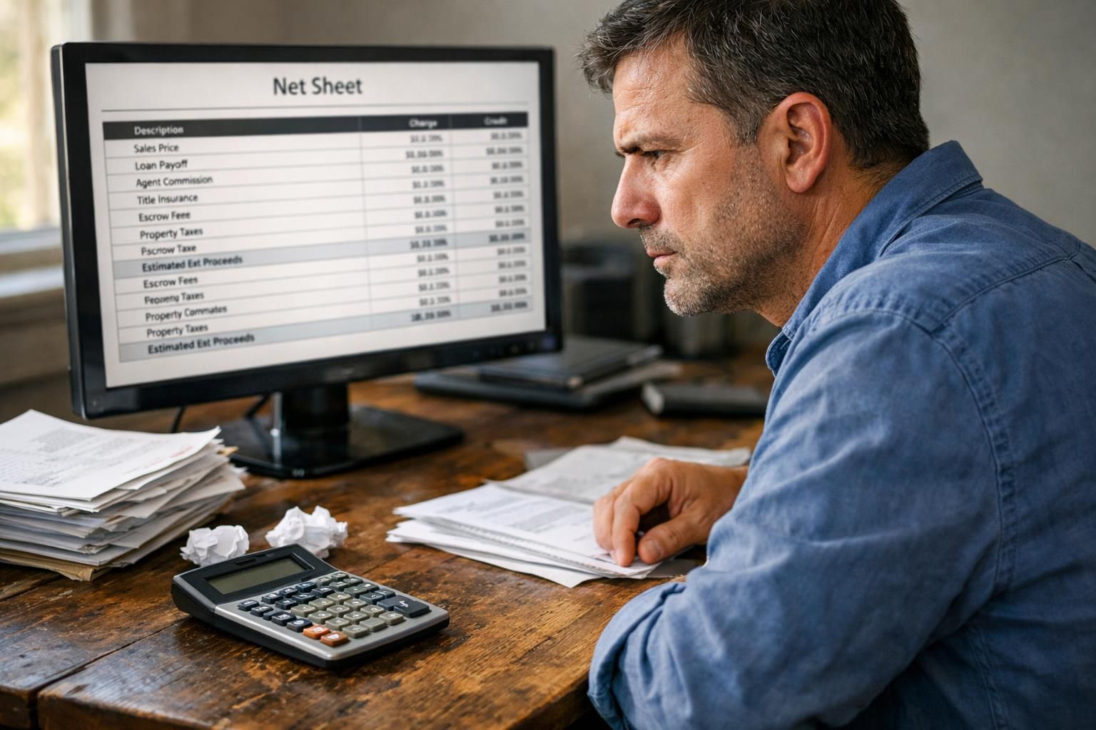 A focused individual works intently at a cluttered wooden desk.