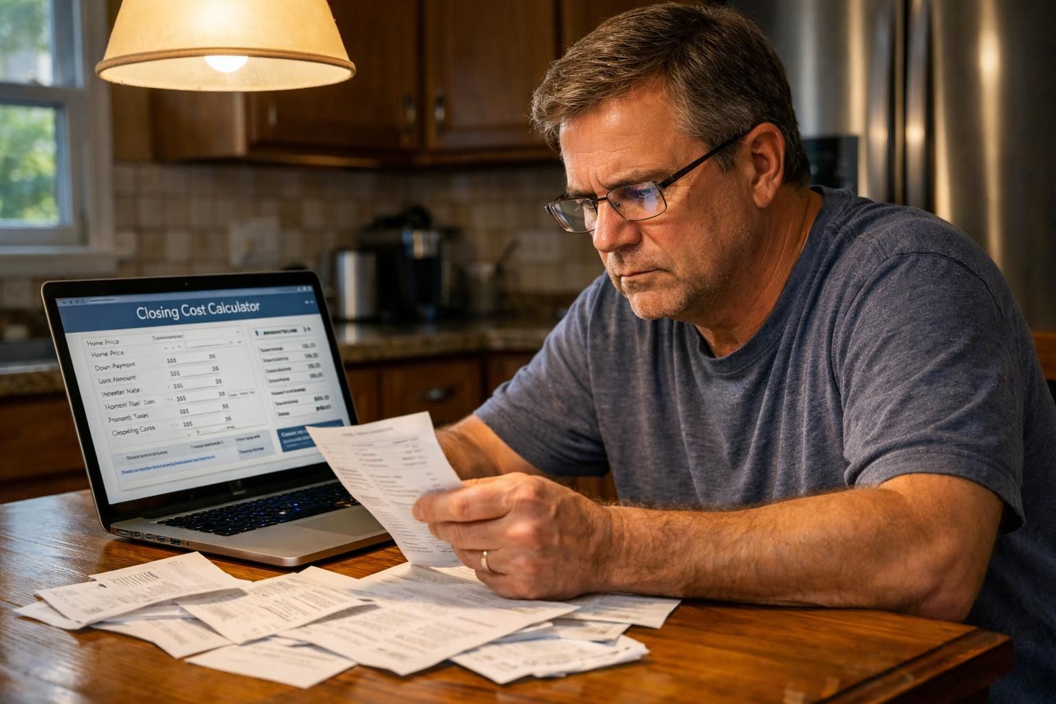 A stressed homeowner analyzes bills and closing costs at a kitchen table.