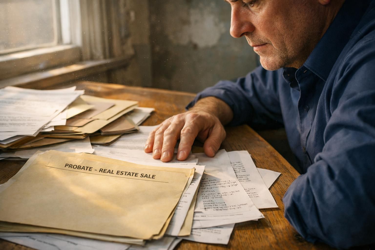 A cluttered desk with legal documents and a focused man.
