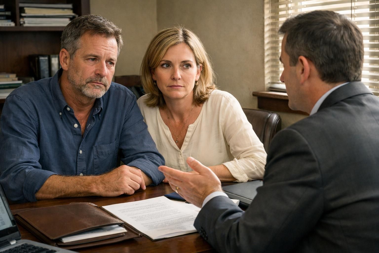 A couple discusses estate planning with an attorney in a cluttered office. A couple discusses estate planning with an attorney in a cluttered office.