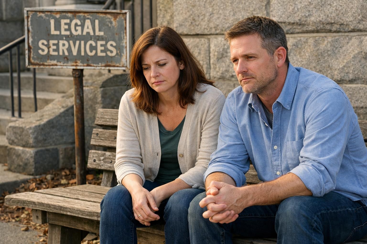 A couple sits on a bench outside a courthouse, deep in conversation. A couple sits on a bench outside a courthouse, deep in conversation.