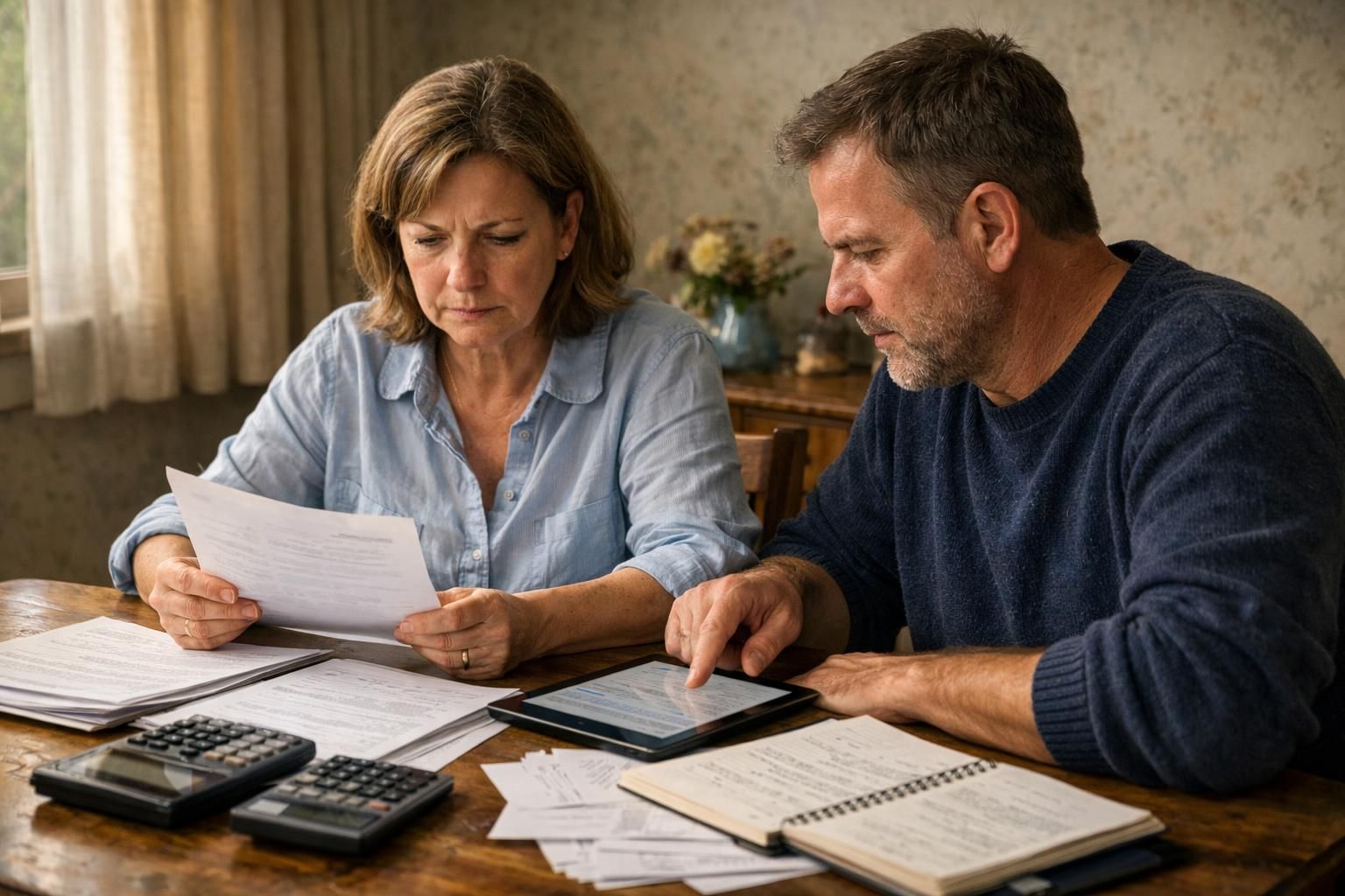A couple discusses financial matters at a cluttered dining table. A couple discusses financial matters at a cluttered dining table.