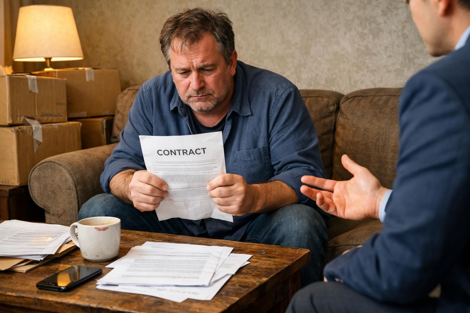 A tense man reviews a contract with a real estate agent.
