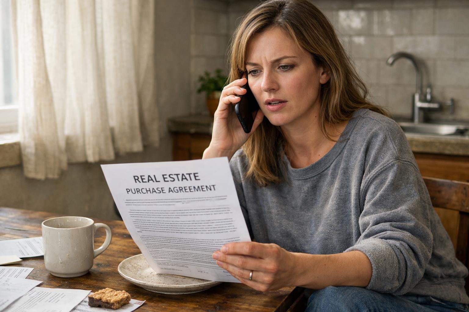 A woman discusses a real estate agreement at her kitchen table.