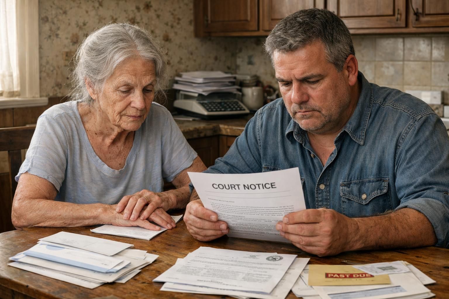 An elderly woman and a middle-aged man discuss important documents at a table. An elderly woman and a middle-aged man discuss important documents at a table.