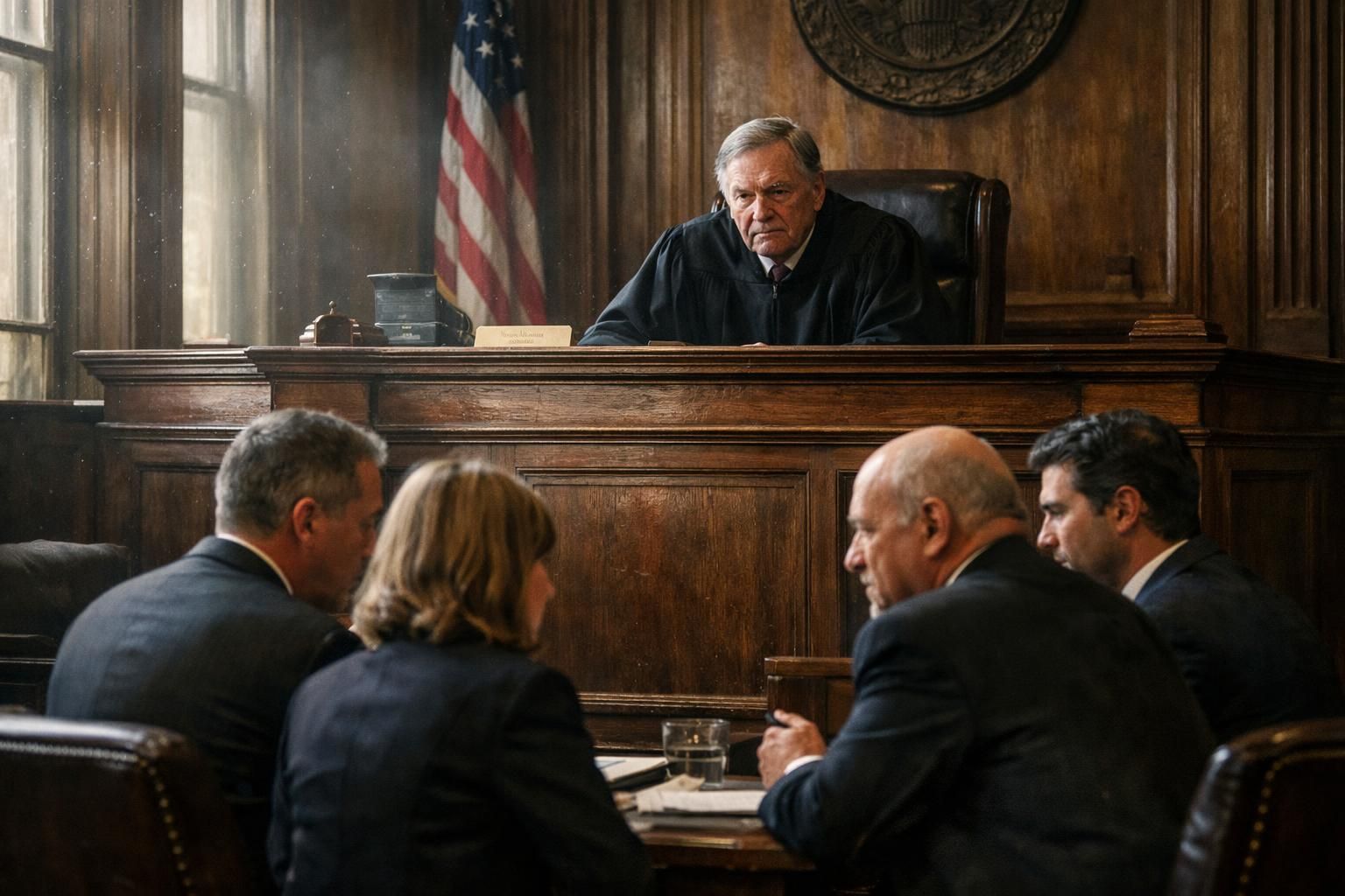 An aged courtroom with a focused judge and tense legal professionals. An aged courtroom with a focused judge and tense legal professionals.