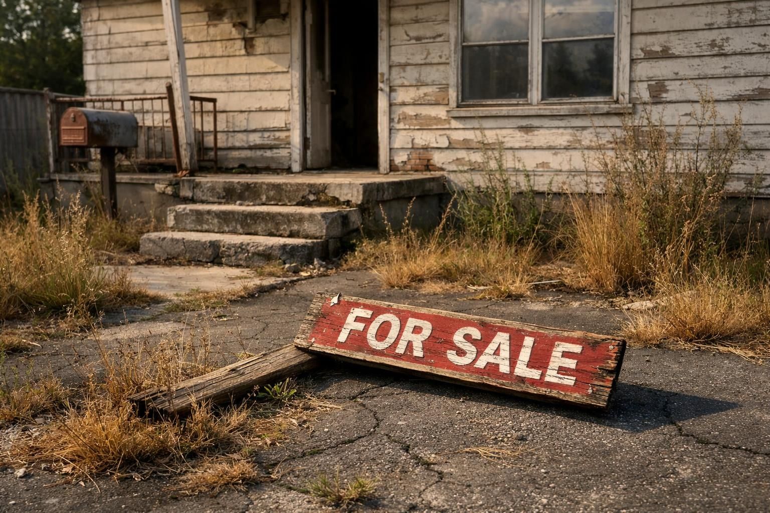A neglected suburban house with a toppled 'For Sale' sign. A neglected suburban house with a toppled 'For Sale' sign.