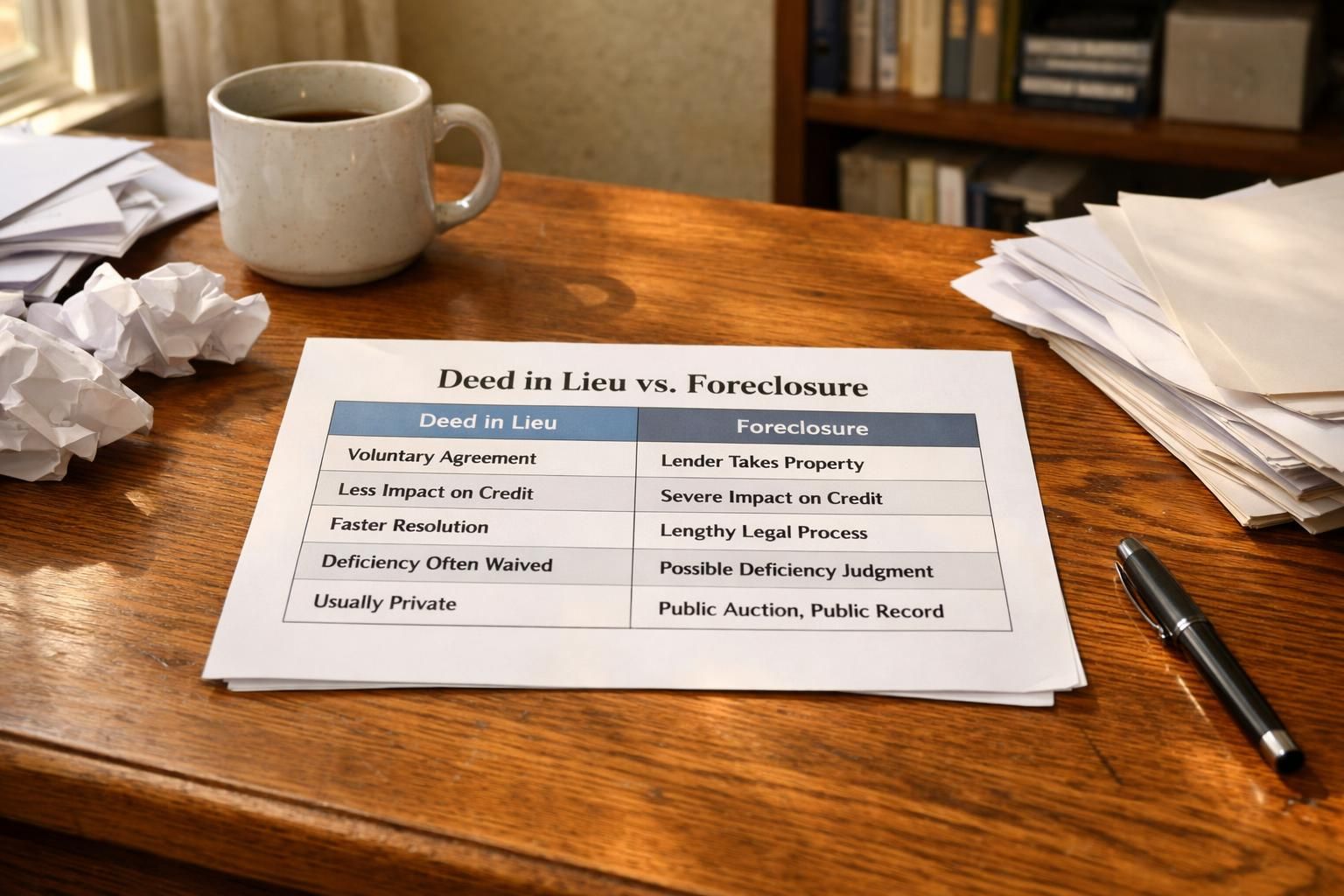 Cluttered oak desk with documents and a comparison chart.