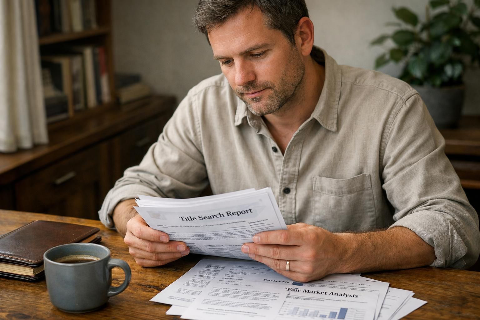 An adult focused on documents in a cozy home office.