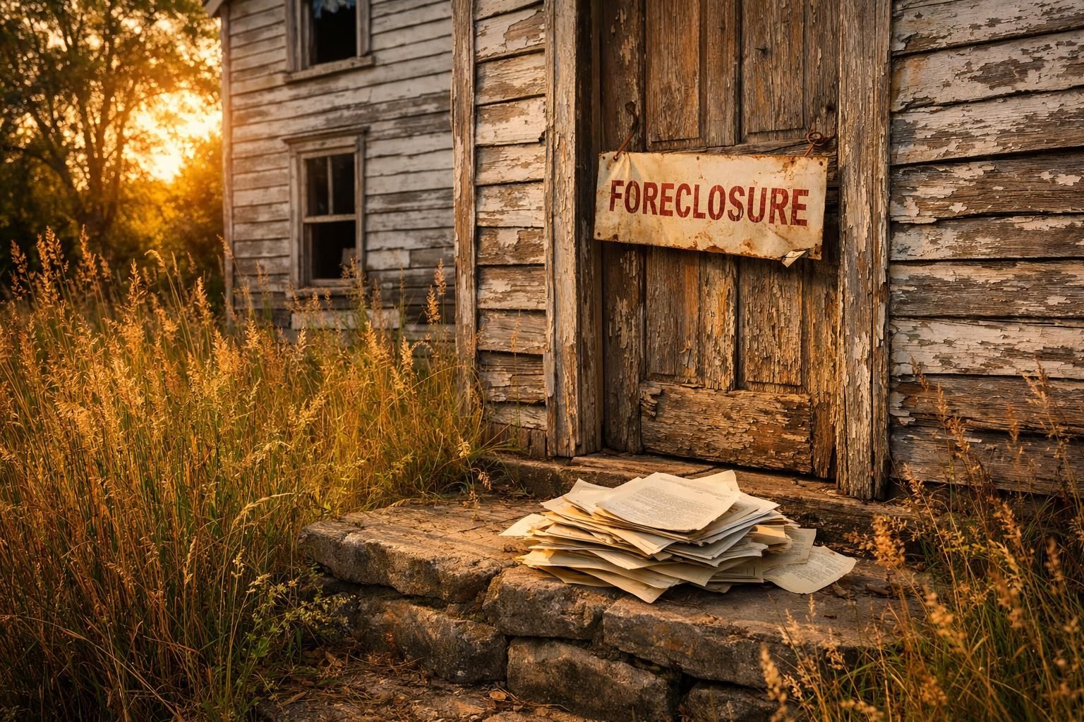 Abandoned two-story house surrounded by overgrown grass and legal documents.
