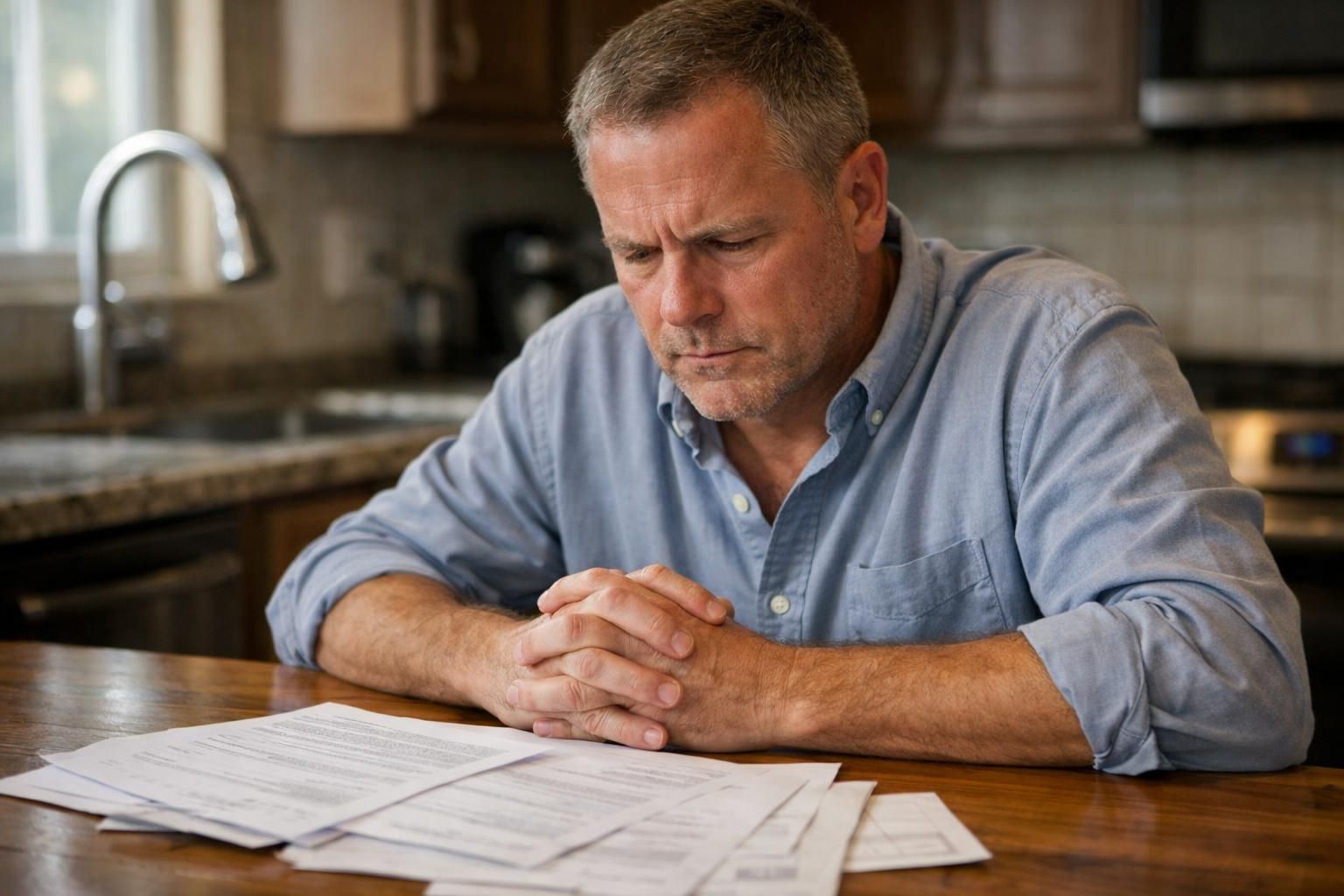 A middle-aged man reviews paperwork, showing signs of worry and contemplation.