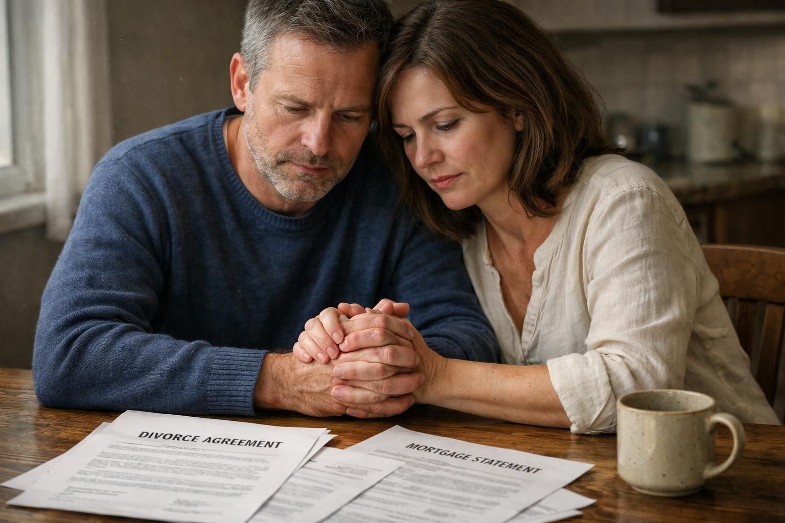 A worried couple sits together, holding hands over divorce papers.