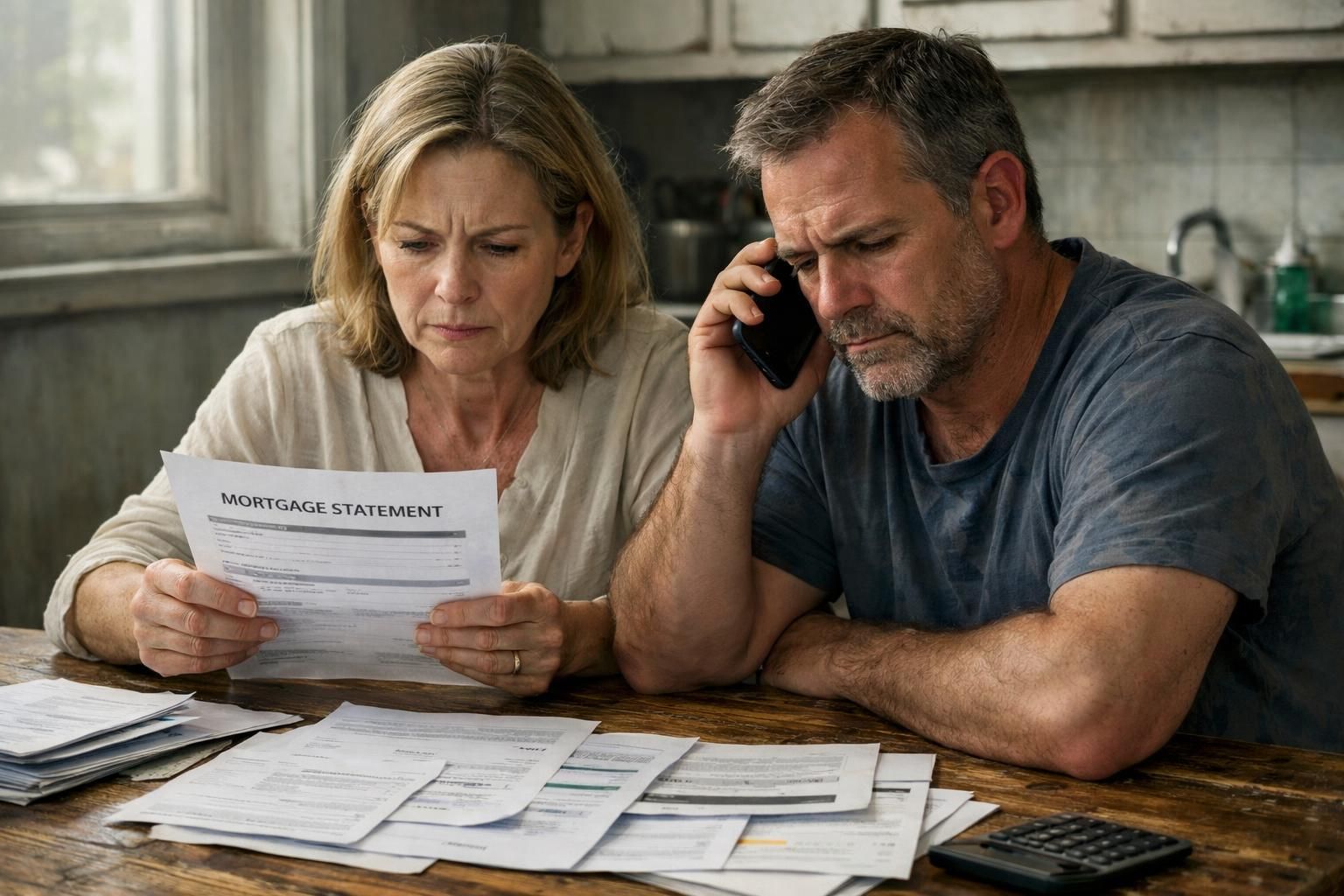 A couple stressfully reviews financial documents at their worn kitchen table.