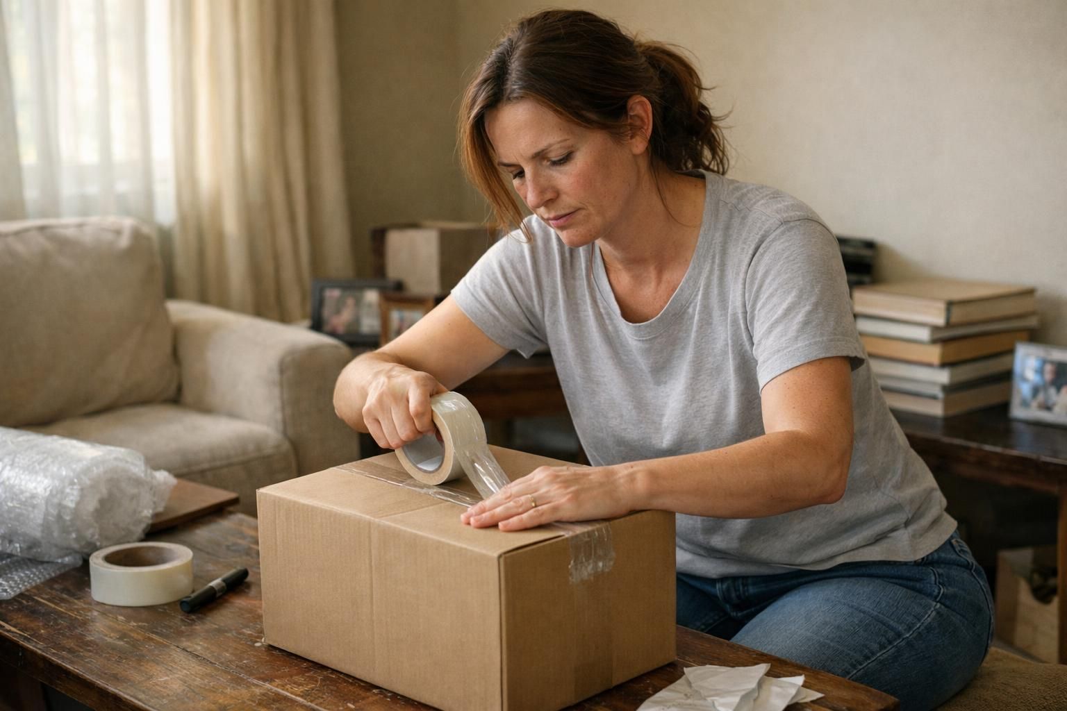 A woman tapes a box in a cluttered, lived-in living room.