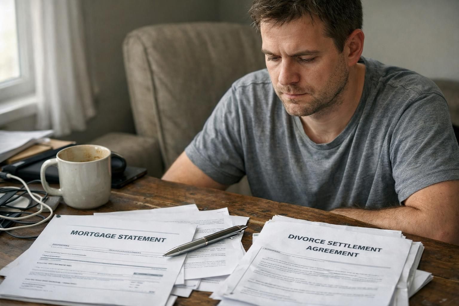 A cluttered home office desk reveals paperwork and a weary individual.