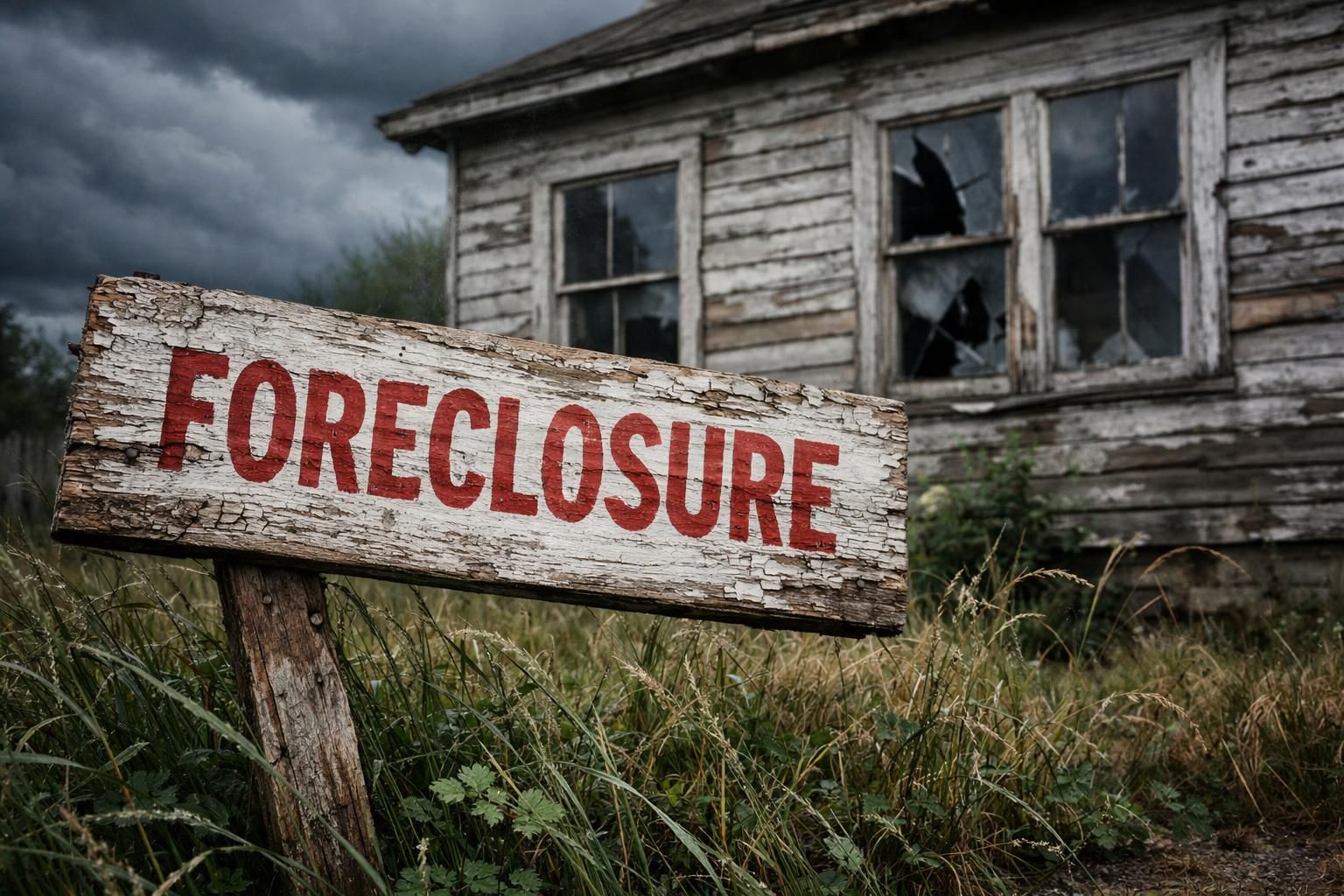 A weathered foreclosure sign stands in a neglected, overgrown yard.